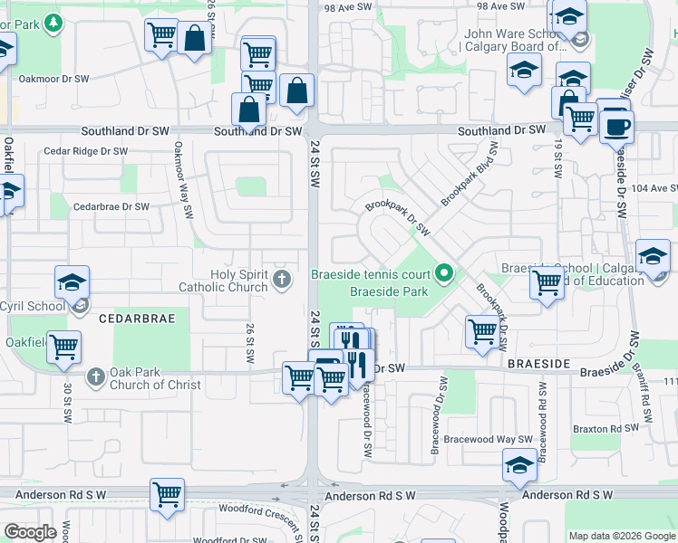 map of restaurants, bars, coffee shops, grocery stores, and more near 59 Brookpark Crescent Southwest in Calgary