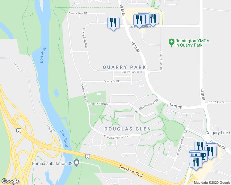 map of restaurants, bars, coffee shops, grocery stores, and more near 90 Douglas Glen Circle Southeast in Calgary