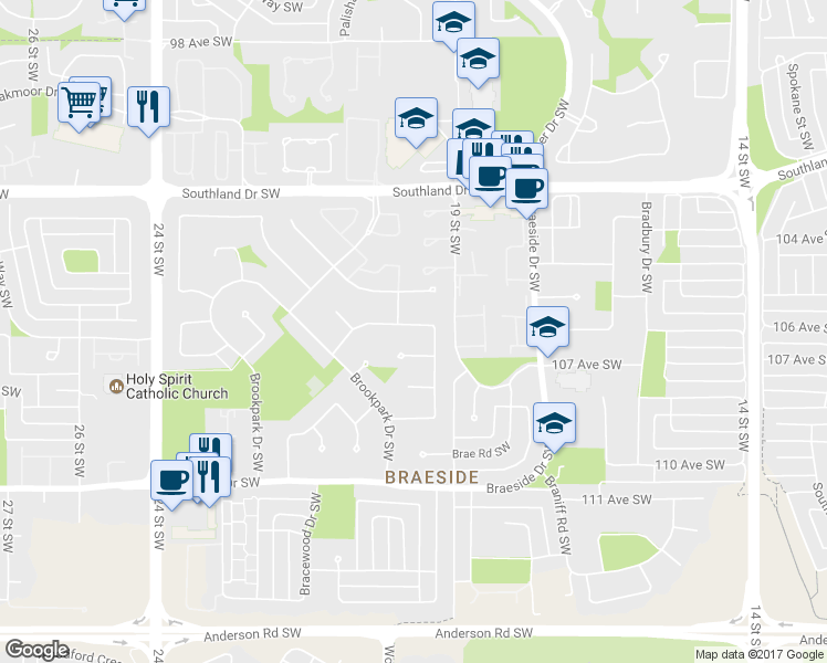 map of restaurants, bars, coffee shops, grocery stores, and more near 504 Brookmere Crescent Southwest in Calgary