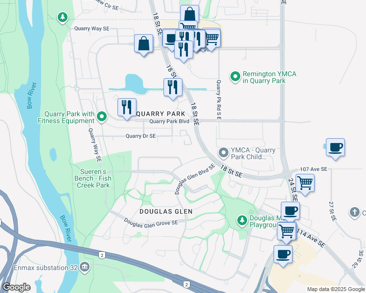 map of restaurants, bars, coffee shops, grocery stores, and more near 456 Quarry Villas Southeast in Calgary