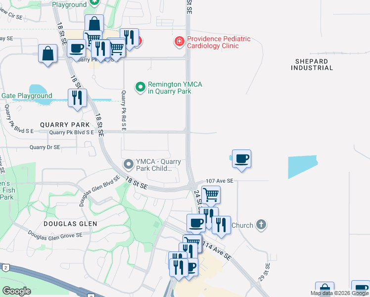 map of restaurants, bars, coffee shops, grocery stores, and more near 10605 24 Street Southeast in Calgary