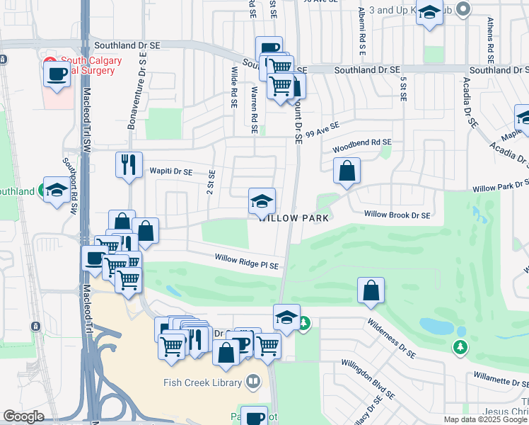 map of restaurants, bars, coffee shops, grocery stores, and more near 348 Willow Park Drive Southeast in Calgary