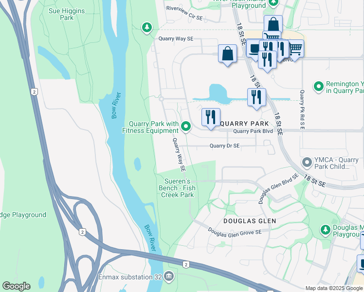 map of restaurants, bars, coffee shops, grocery stores, and more near Quarry Lane Southeast in Calgary