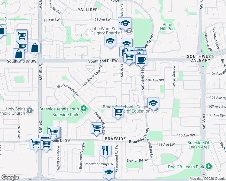 map of restaurants, bars, coffee shops, grocery stores, and more near 504 Brookmere Crescent Southwest in Calgary
