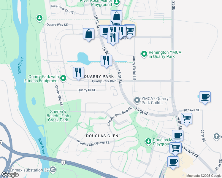 map of restaurants, bars, coffee shops, grocery stores, and more near 456 Quarry Villas Southeast in Calgary