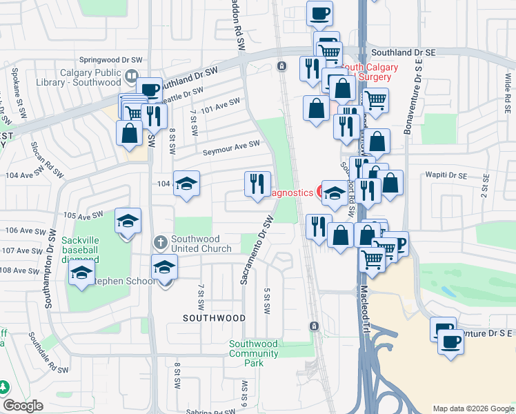 map of restaurants, bars, coffee shops, grocery stores, and more near 10656 Shillington Crescent Southwest in Calgary