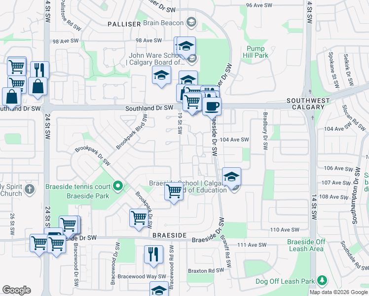 map of restaurants, bars, coffee shops, grocery stores, and more near 346 Brae Glen Road Southwest in Calgary
