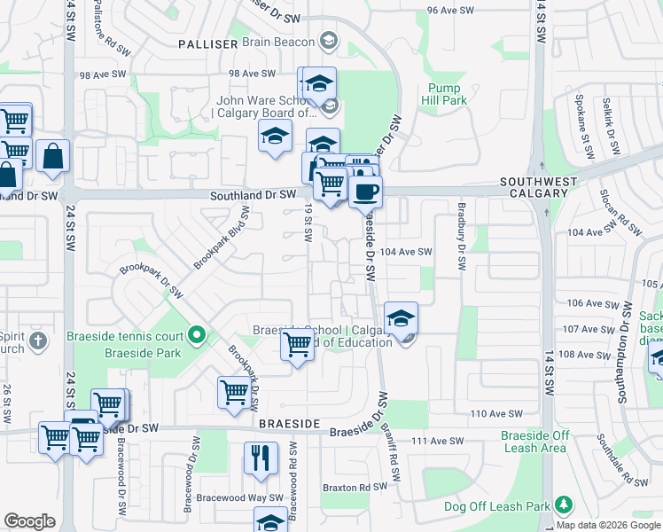 map of restaurants, bars, coffee shops, grocery stores, and more near 20 Brae Glen Court Southwest in Calgary