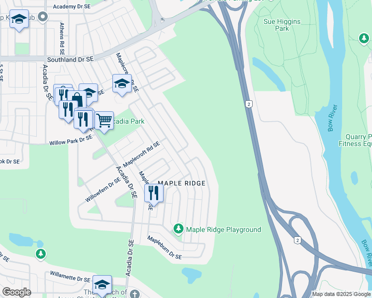 map of restaurants, bars, coffee shops, grocery stores, and more near 10528 Mapleridge Crescent Southeast in Calgary