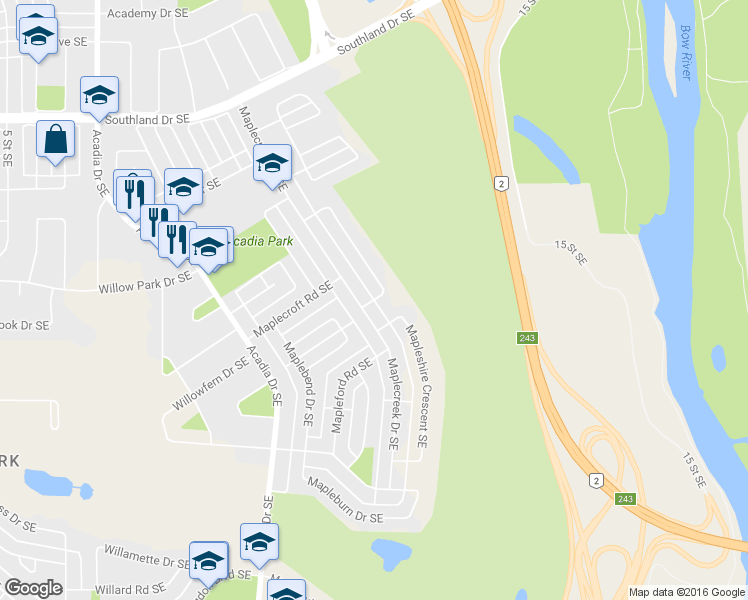 map of restaurants, bars, coffee shops, grocery stores, and more near 10528 Mapleridge Crescent Southeast in Calgary
