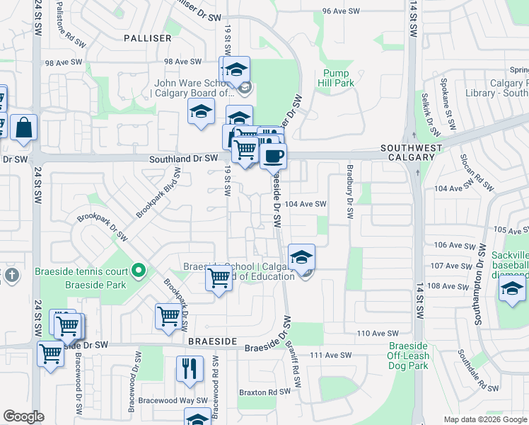 map of restaurants, bars, coffee shops, grocery stores, and more near in Calgary
