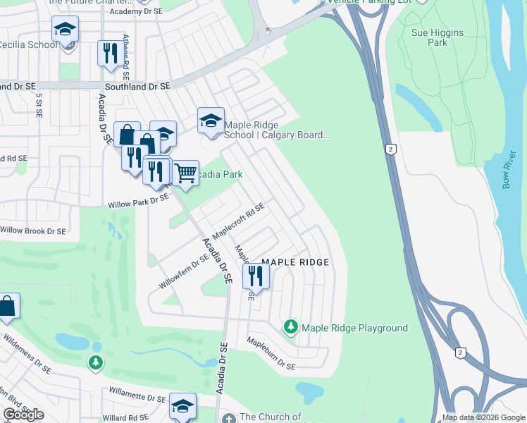 map of restaurants, bars, coffee shops, grocery stores, and more near 10432 Maplemont Road Southeast in Calgary