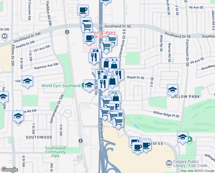 map of restaurants, bars, coffee shops, grocery stores, and more near 10440 Macleod Trail Southeast in Calgary