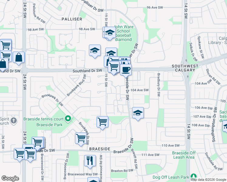 map of restaurants, bars, coffee shops, grocery stores, and more near 20 Brae Glen Court Southwest in Calgary