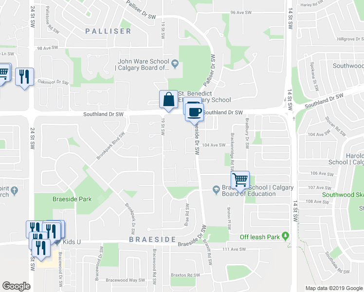 map of restaurants, bars, coffee shops, grocery stores, and more near 20 Brae Glen Court Southwest in Calgary
