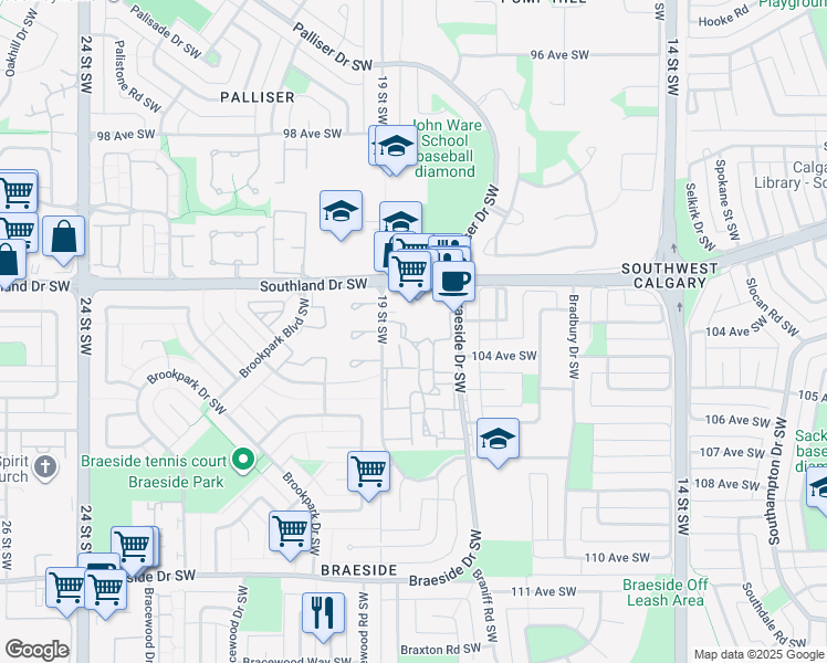 map of restaurants, bars, coffee shops, grocery stores, and more near 202 Brae Glen Close Southwest in Calgary