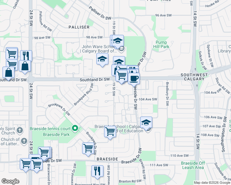 map of restaurants, bars, coffee shops, grocery stores, and more near 201 Brae Glen Close Southwest in Calgary