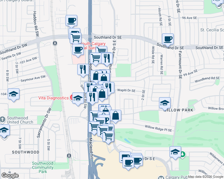 map of restaurants, bars, coffee shops, grocery stores, and more near 10343 Wapiti Drive Southeast in Calgary