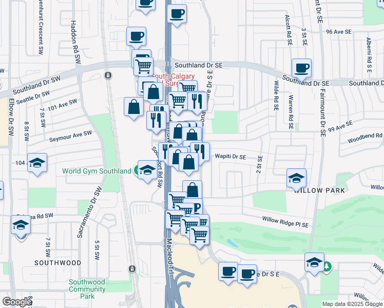 map of restaurants, bars, coffee shops, grocery stores, and more near in Calgary