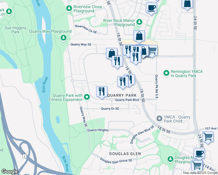map of restaurants, bars, coffee shops, grocery stores, and more near Unnamed Road in Calgary