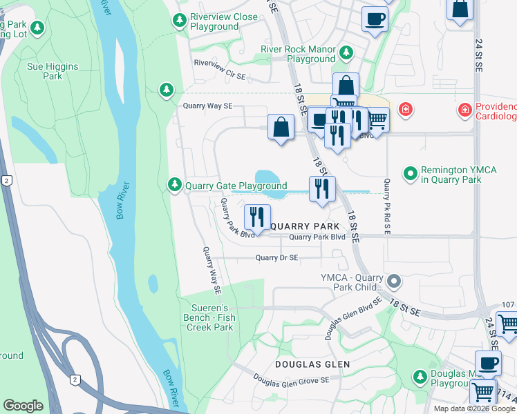map of restaurants, bars, coffee shops, grocery stores, and more near Unnamed Road in Calgary