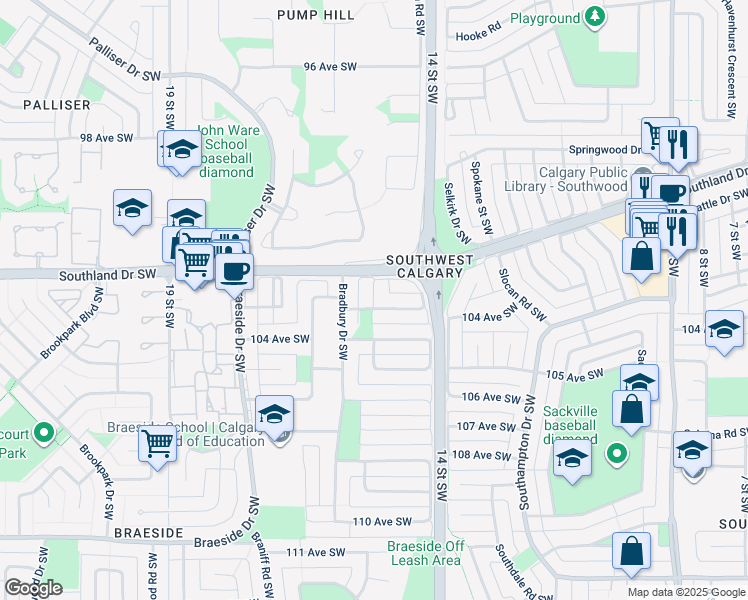 map of restaurants, bars, coffee shops, grocery stores, and more near 92 Brampton Crescent Southwest in Calgary
