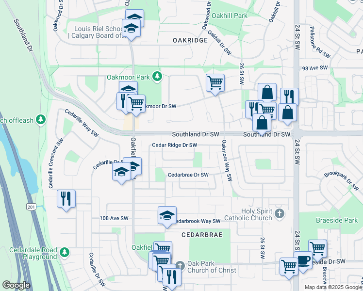 map of restaurants, bars, coffee shops, grocery stores, and more near 2819 Cedar Ridge Drive Southwest in Calgary
