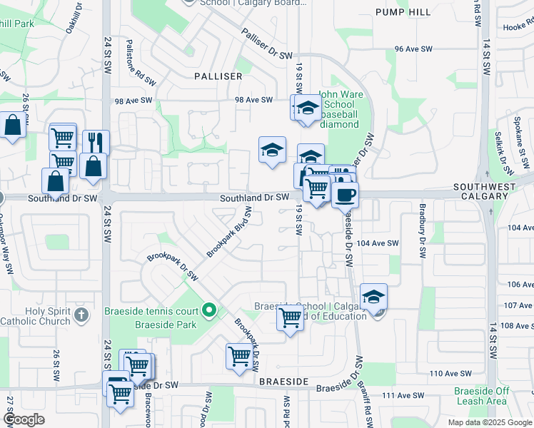 map of restaurants, bars, coffee shops, grocery stores, and more near 10120 Brookpark Boulevard Southwest in Calgary