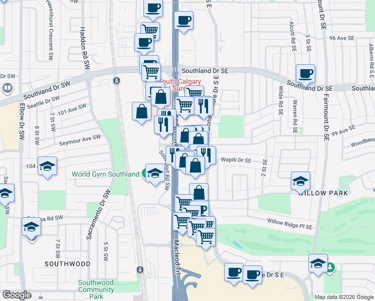 map of restaurants, bars, coffee shops, grocery stores, and more near 10206 Macleod Trail Southeast in Calgary