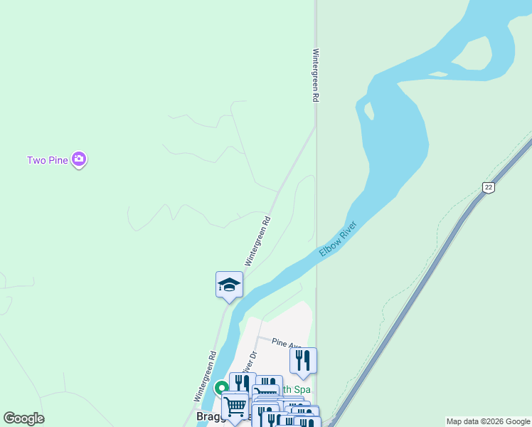 map of restaurants, bars, coffee shops, grocery stores, and more near 215 Wintergreen Road in Bragg Creek