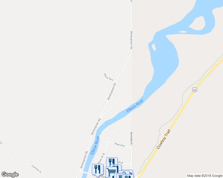 map of restaurants, bars, coffee shops, grocery stores, and more near 215 Wintergreen Road in Bragg Creek