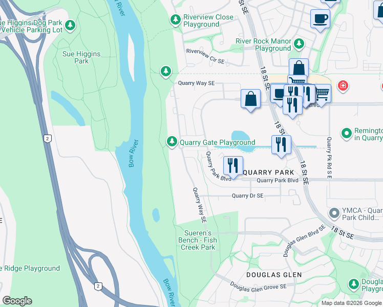 map of restaurants, bars, coffee shops, grocery stores, and more near 38 Quarry Gate Southeast in Calgary