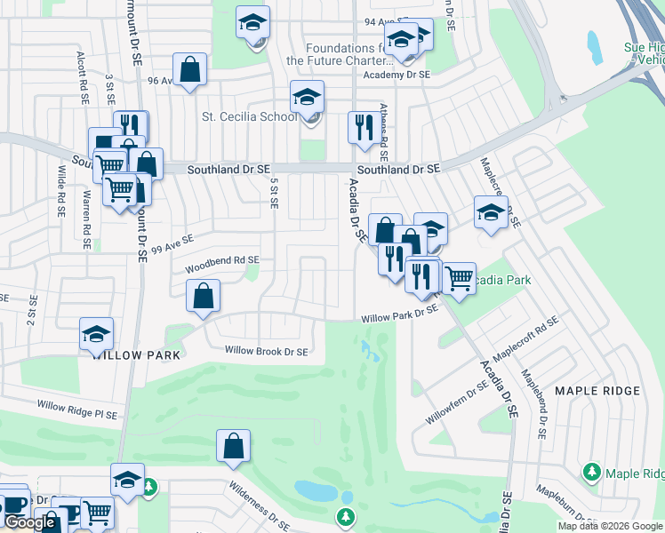 map of restaurants, bars, coffee shops, grocery stores, and more near 635 Willowburn Crescent Southeast in Calgary