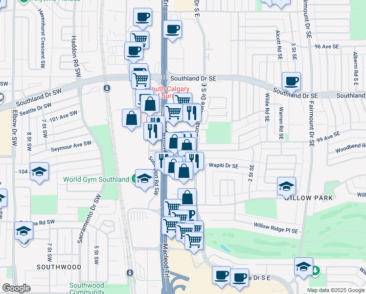 map of restaurants, bars, coffee shops, grocery stores, and more near 210 99 Avenue Southeast in Calgary