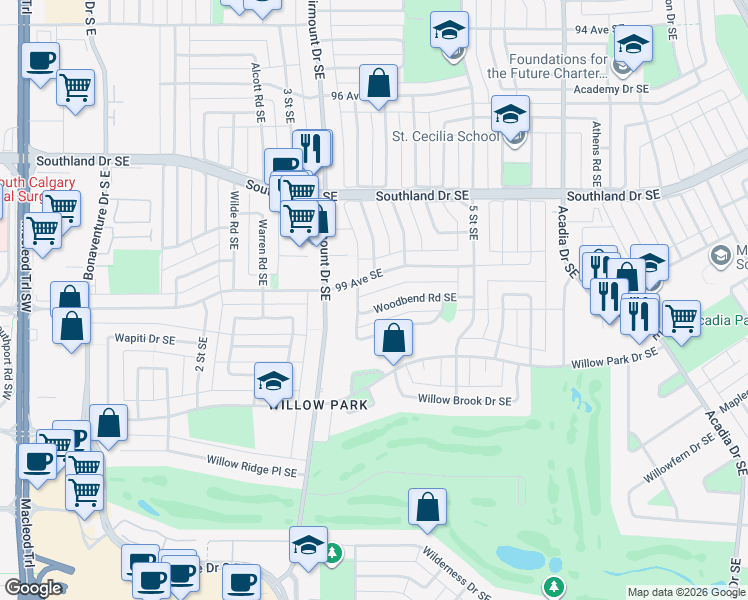 map of restaurants, bars, coffee shops, grocery stores, and more near 412 Winterbourne Crescent Southeast in Calgary