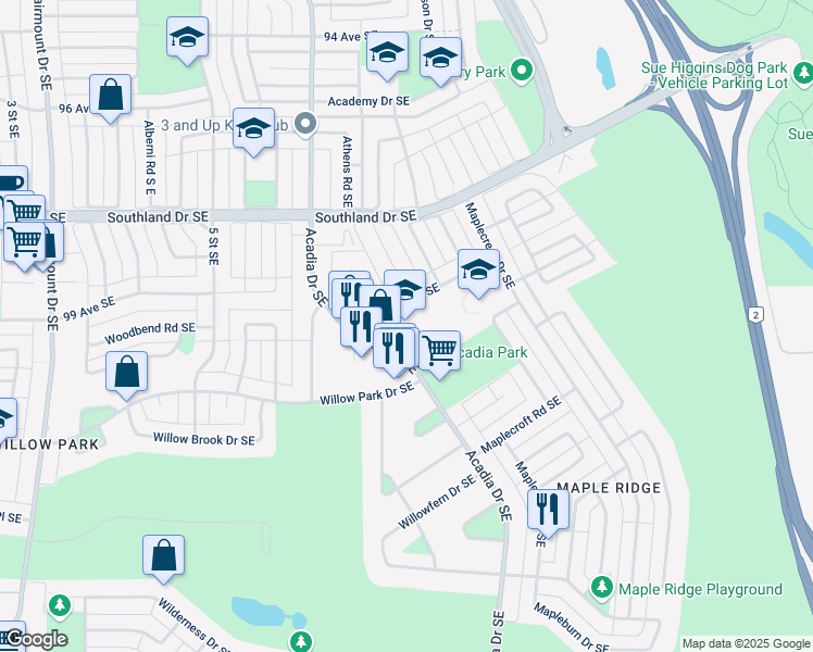 map of restaurants, bars, coffee shops, grocery stores, and more near 725 Mapleton Drive Southeast in Calgary
