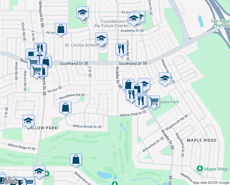 map of restaurants, bars, coffee shops, grocery stores, and more near 635 Willowburn Crescent Southeast in Calgary