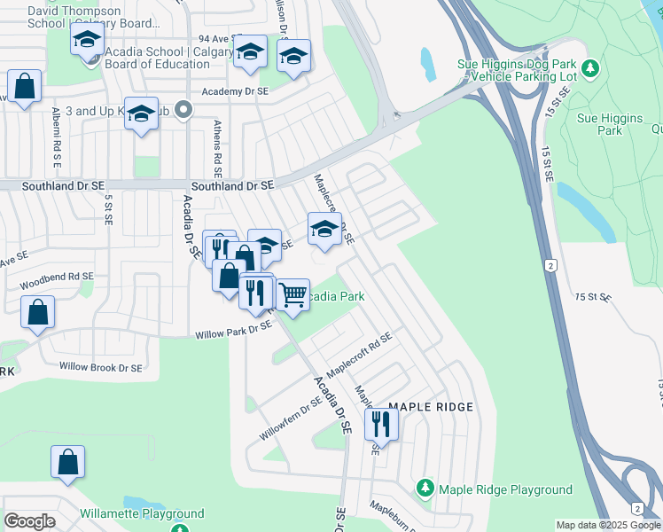map of restaurants, bars, coffee shops, grocery stores, and more near 10203 Maplemont Road Southeast in Calgary