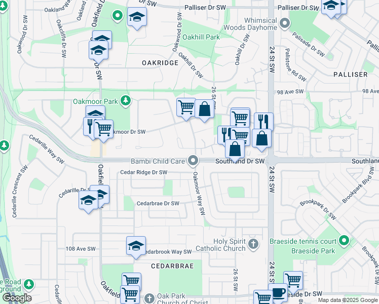 map of restaurants, bars, coffee shops, grocery stores, and more near 4 Oakbury Place Southwest in Calgary