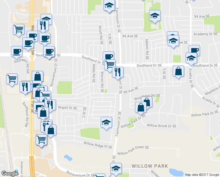 map of restaurants, bars, coffee shops, grocery stores, and more near 364 99 Avenue Southeast in Calgary