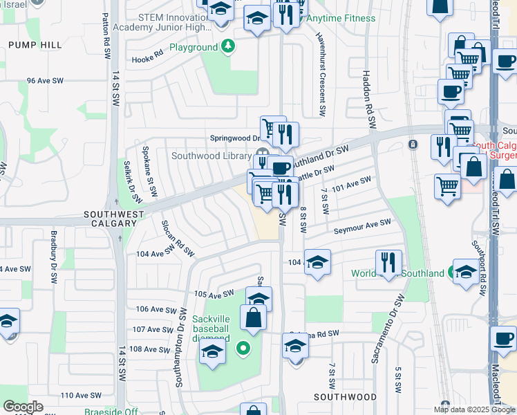 map of restaurants, bars, coffee shops, grocery stores, and more near 10233 Elbow Drive Southwest in Calgary