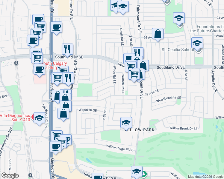 map of restaurants, bars, coffee shops, grocery stores, and more near 9951 Wilde Road Southeast in Calgary