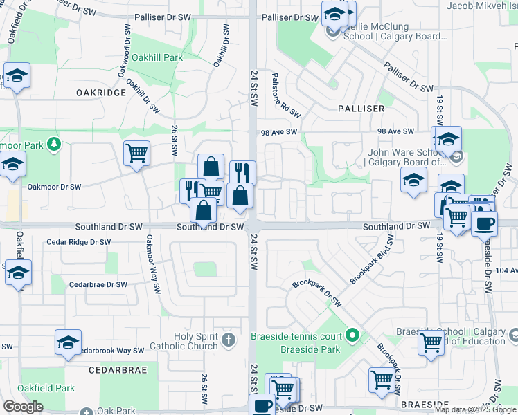 map of restaurants, bars, coffee shops, grocery stores, and more near 2323 Oakmoor Drive Southwest in Calgary