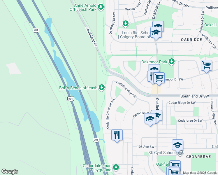 map of restaurants, bars, coffee shops, grocery stores, and more near 760 Cedarille Way Southwest in Calgary