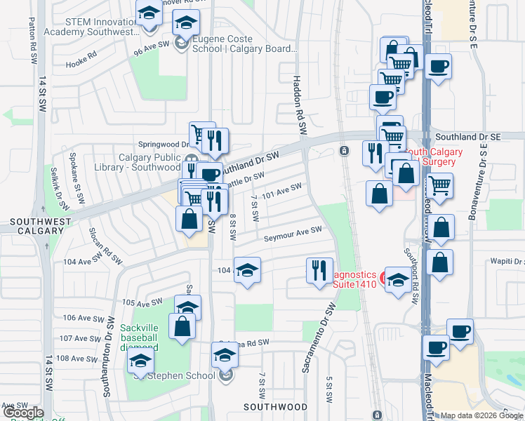map of restaurants, bars, coffee shops, grocery stores, and more near in Calgary