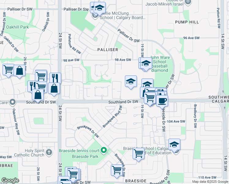 map of restaurants, bars, coffee shops, grocery stores, and more near 2120 Southland Drive Southwest in Calgary