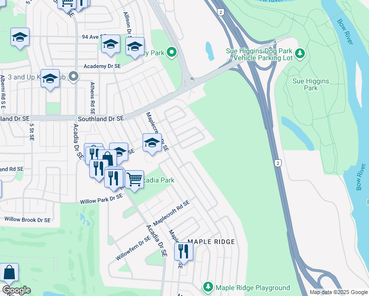 map of restaurants, bars, coffee shops, grocery stores, and more near 191 Maplecourt Crescent Southeast in Calgary