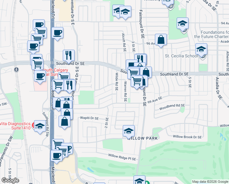 map of restaurants, bars, coffee shops, grocery stores, and more near 9951 Wilde Road Southeast in Calgary