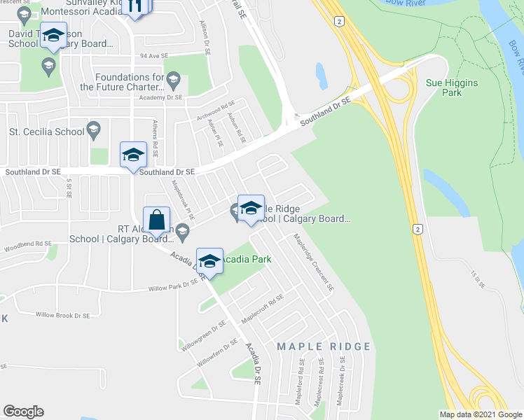 map of restaurants, bars, coffee shops, grocery stores, and more near 10020 Maplecreek Drive Southeast in Calgary