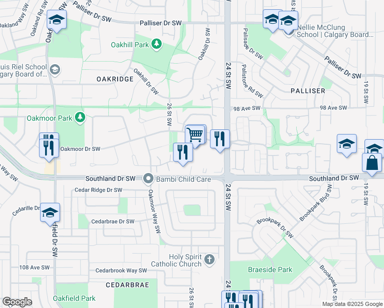 map of restaurants, bars, coffee shops, grocery stores, and more near 2580 Southland Drive Southwest in Calgary